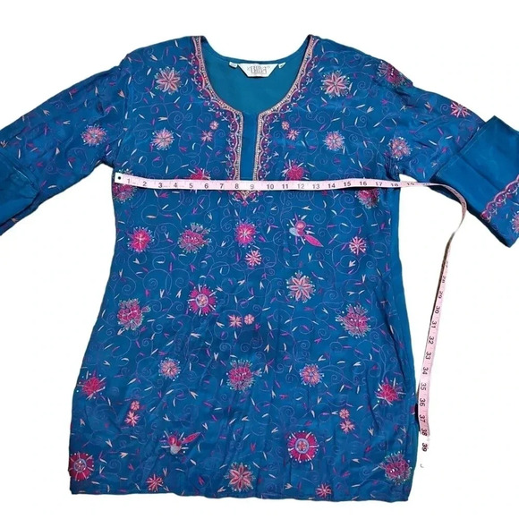 Biba Medium 42 90s Turquoise Floral Beaded Boho Ethnic Kurti Tunic Top Cottage - Picture 7 of 7